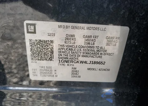 2020 Chevrolet Traverse Lt from USA, damaged, VIN 1GNERGKW4LJ189652